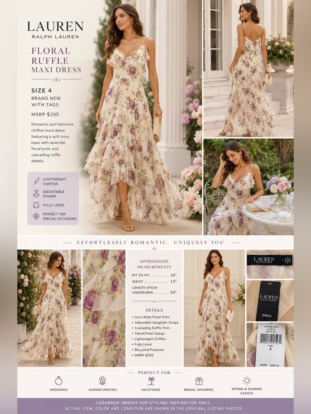 NWT Lauren Ralph Lauren Floral Ruffle Maxi Dress Size 4 MSRP $295